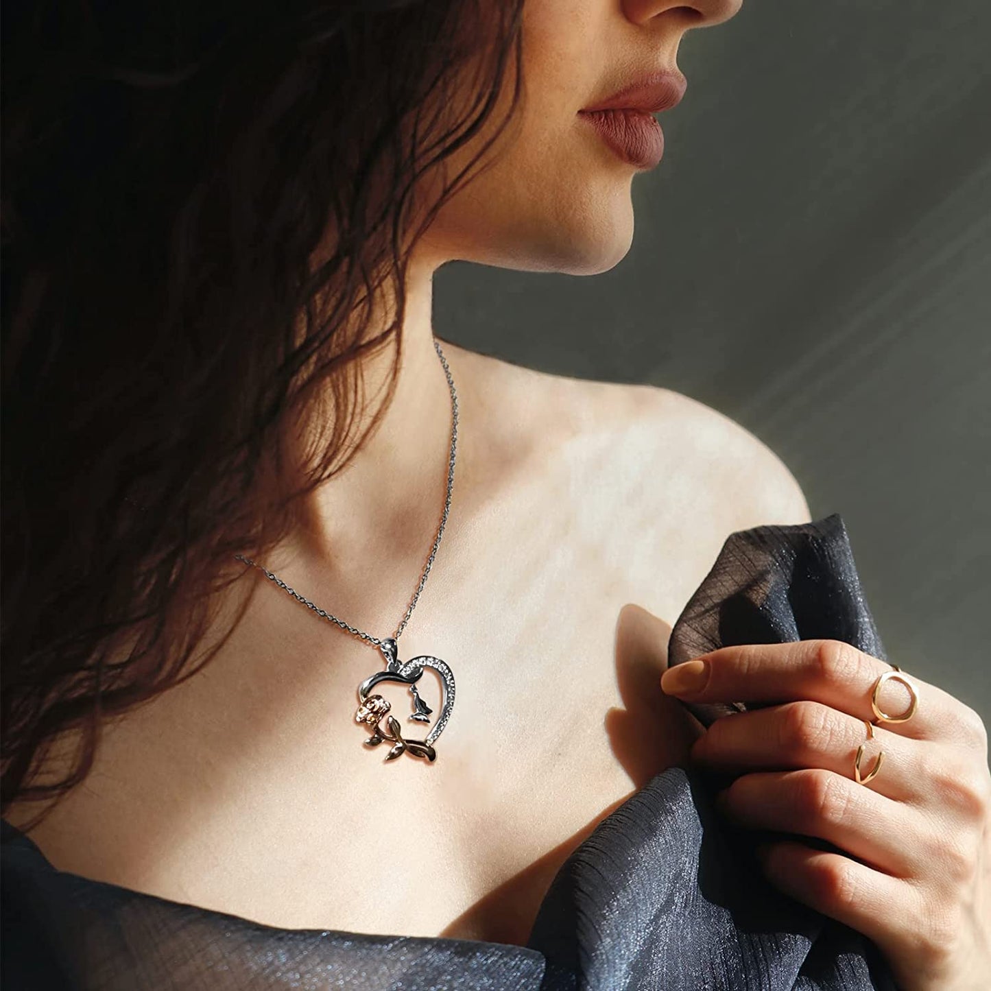 Heart Shaped Butterfly Rose Pendant Necklace 925 Sterling Silver, 14k Gold Plated