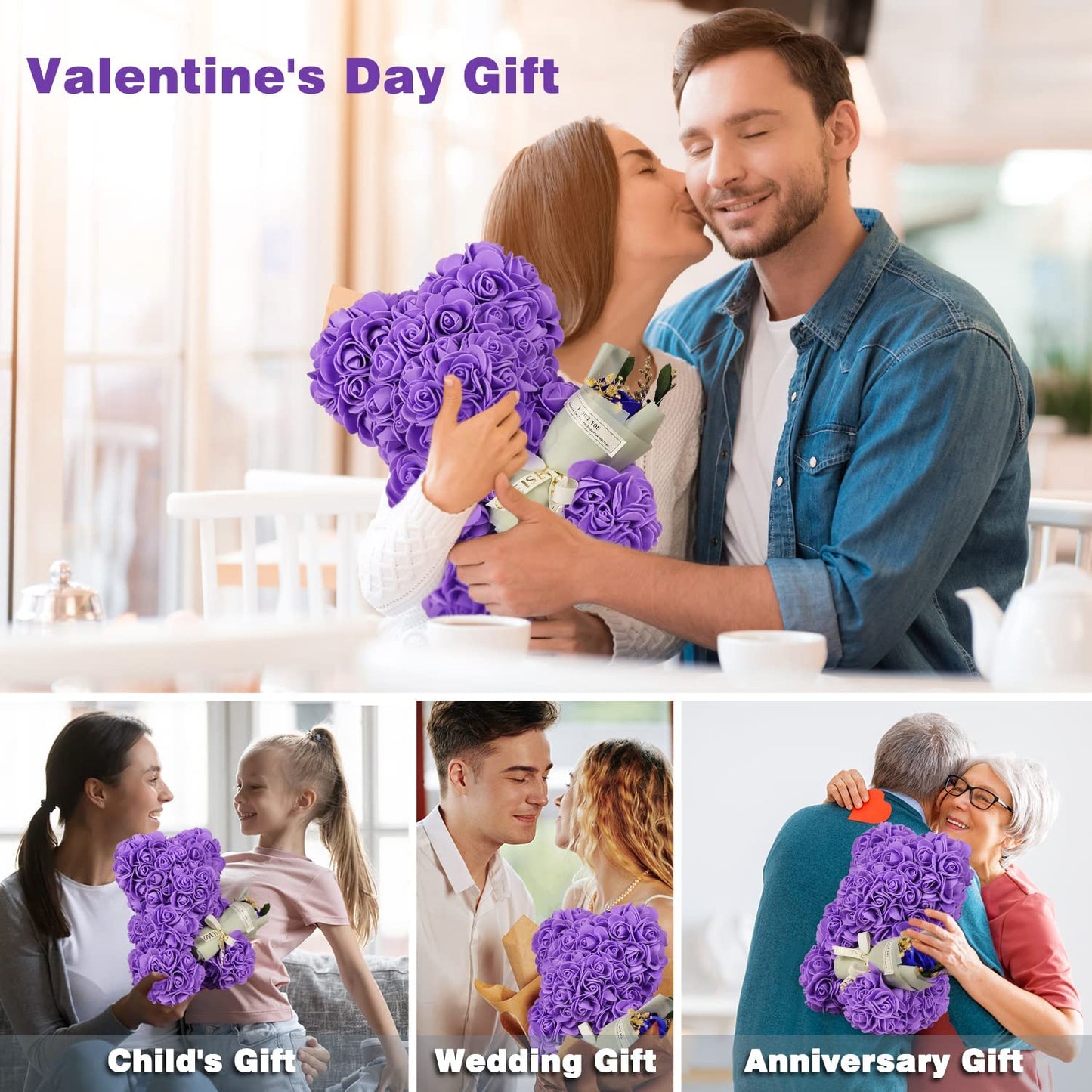 Valentines Day Gifts Purple Hand Made Flower Rose Bear