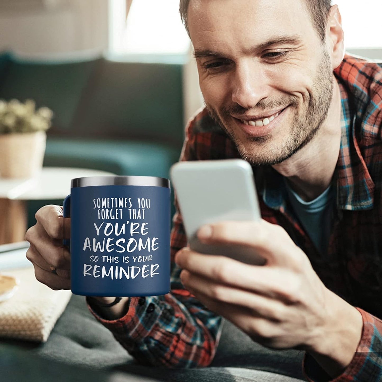 Inspirational Gifts for Men, Sometimes You Forget You're Awesome Stainless Steel Coffee Mug, Funny Gifts for Him Husband, Dad, Boyfriend on Valentines Day Christmas - Navy Blue
