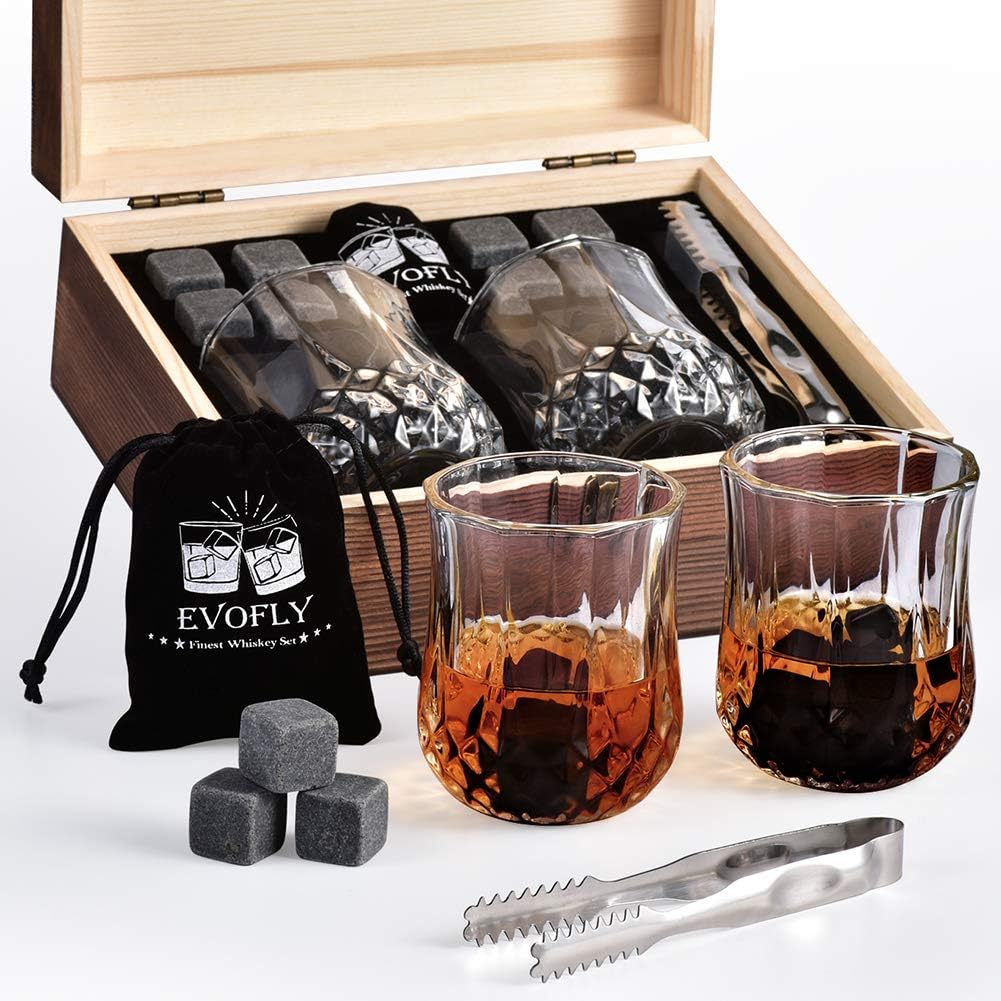 Gifts for Men Women, Whiskey Stones Set with Glasses, Drinking Gifts for Dad Husband Him, Ideas for Anniversary Birthday Wedding Housewarming, Unique Rocks Present for Liquor Bourbon Scotch