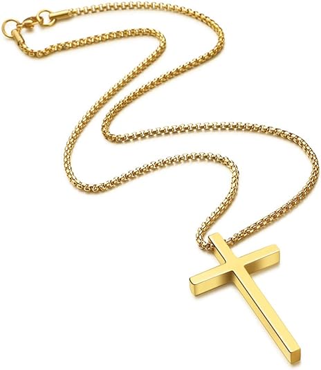 Cross Necklace for Men, Silver Black Gold Stainless Steel Plain Cross Pendant Necklace for Men Box Chain 16-30 Inch