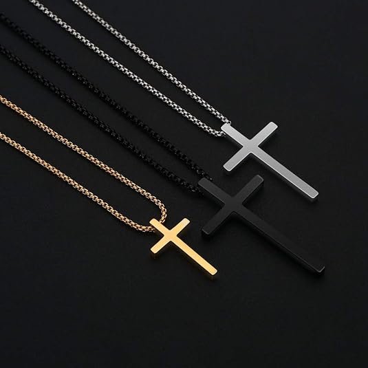 Cross Necklace for Men, Silver Black Gold Stainless Steel Plain Cross Pendant Necklace for Men Box Chain 16-30 Inch