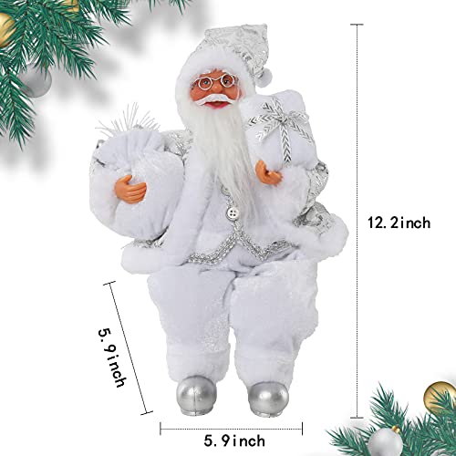 Christmas Sitting Santa Hand Crafted White Silver Coat Santa Claus Figurine