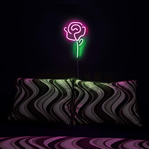 15" x 9" inch LED Neon Pink Rose Flower w/ Green Stem Wall Sign Decoration