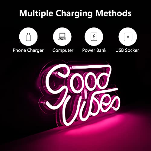 Good Vibes Neon Sign for Wall Decor, Reusable, Powered by USB (White, Pink, Blue)