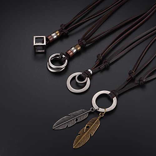 5 Pcs Leather Tribal Wolf Tooth Feather Pendant Sweater Chain Statement Necklace for Men Women