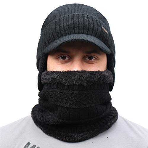 Mens Winter Beanie Visor w/ Earfaps & Fleece Hat Scarf Set