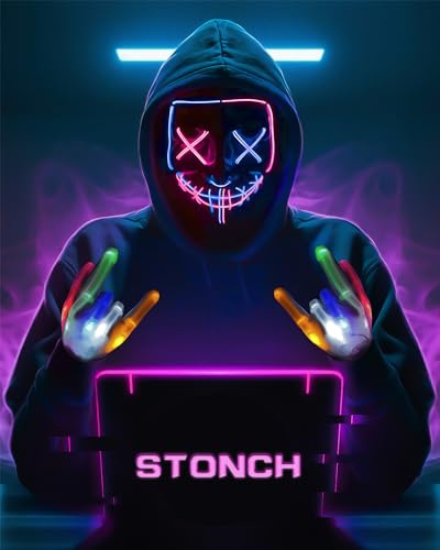 Halloween Mask Skeleton Gloves Set, 3 Modes Light Up Scary LED Mask with LED Glow Gloosture