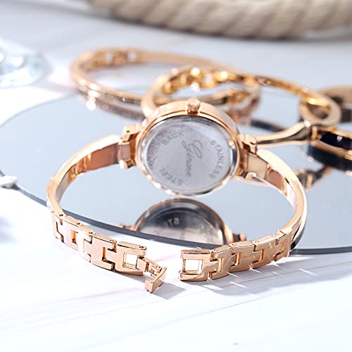 Elegant Rose Gold/Silver Watch & 3 Bracelets Set for Women