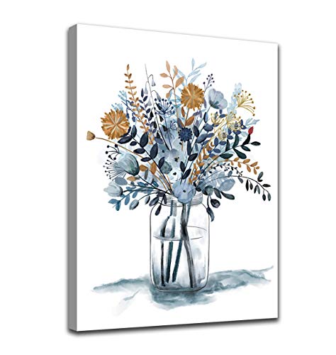 Indigo Flowers Watercolor Canvas Wall Art Decor Framed Ready to Hang