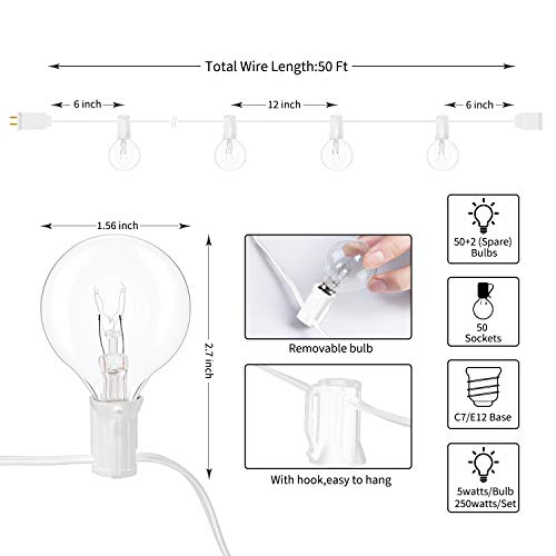 50Feet G40 Outdoor String Lights w/52 Clear Bulbs(2 Spare), UL Listed Connectable