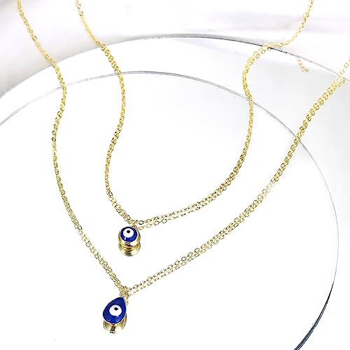 14K Gold Plated Evil Eye Necklace, Layered Necklace Bule Hamsa Eye Necklace Lucky Protection Jewelry Adjustable