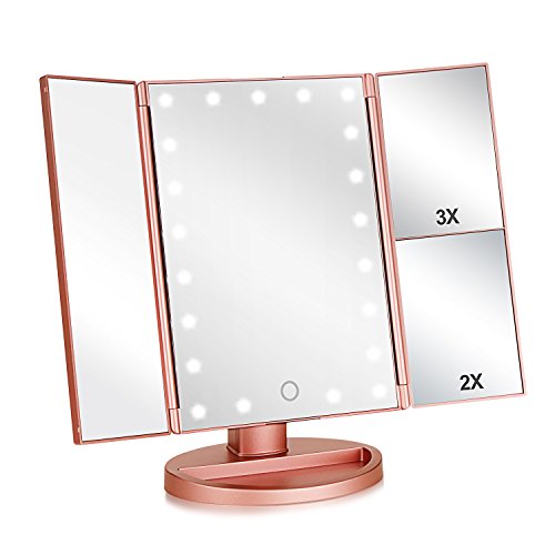 Tri-fold Lighted Vanity Makeup Mirror w/ 3x/2x Magnification, Touch Screen &180 Degree Free Rotation