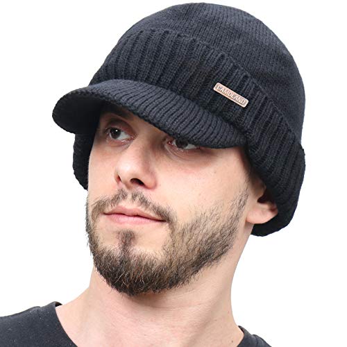 Mens Winter Beanie Visor w/ Earfaps & Fleece Hat Scarf Set