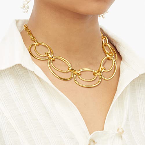 Gold Cable Link Pendant Necklace: 14k Gold Plated Loop Chain Link Statement Choker Necklace for Women