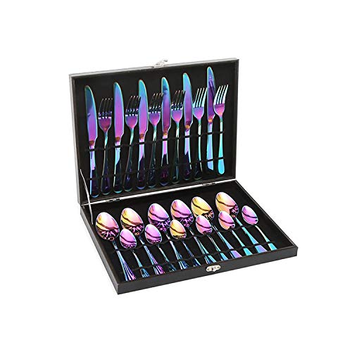 24pcs Rainbow Colored Stainless Steel Flatware Tableware Cutlery Set in attractive Black Gift Box