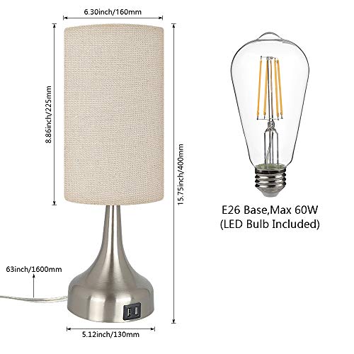 3-Way Dimmable Touch Control Table Lamp w/ USB Charging Port Set of 2 LED Bulb Included