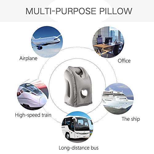 Inflatable Neck Pillow Used for Airplanes/Cars/Buses/Trains/Office Napping w/ Free Eye Mask/Earplugs (Gray), Small