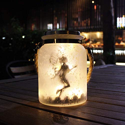 Solar Lantern Fairy Lights White Frosted Glass Hanging Jar 20 Warm White Mini LED String Lights (Fairy)