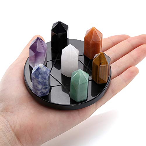 7 Chakra Star Group Healing Crystal Quartz Energy Stone Hexagonal Point Array w/ Obsidian Stand & Box