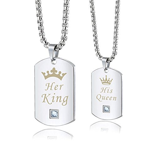 King and Queen Couples Necklaces Stainless Steel Dog Tags Gift for Valentines Day