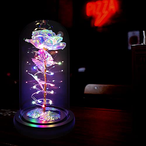 Rotating Romantic Roses Light Up Rose in Glass Dome, Spinning Colorful Artificial Rose Flower Gifts for Her