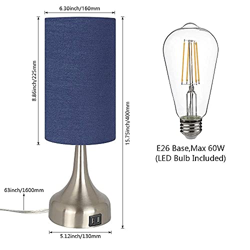 3-Way Dimmable Touch Control Table Lamp w/ USB Charging Port Set of 2 LED Bulb Included