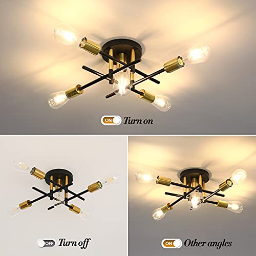 5 Light Semi Flush Mount Ceiling Light Fixture Matte w/ E26 Base Modern Black and Gold Chandelier