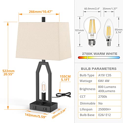 Set of 2 Table Lamps, 2 w/ 3-Model Lighting, Dual USB Charging Ports,  (4 Bulbs Included)