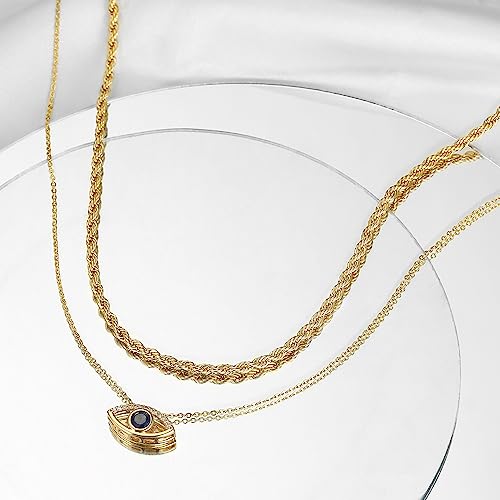 14K Gold Plated Evil Eye Necklace, Layered Necklace Bule Hamsa Eye Necklace Lucky Protection Jewelry Adjustable