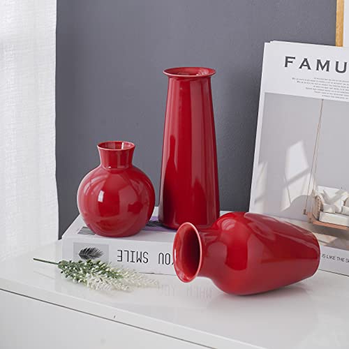 Set of 3 Red Ceramic Vase for Home Decoration