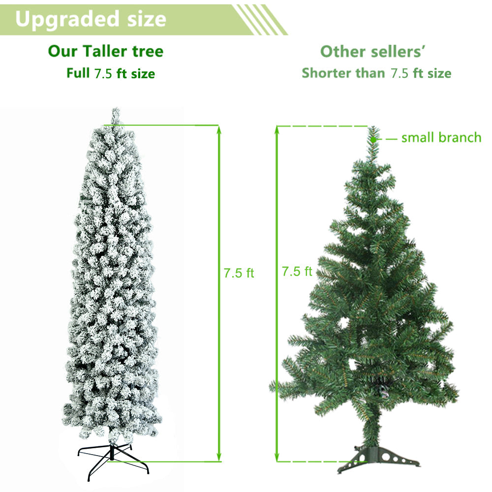 7.5ft Snow Flocked Artificial Pencil Christmas Tree, w/ Durable Stand,