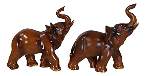 Faux Wood Feng Shui Elephant w/ Trunk Up Statue Set of 2 for Home Decoration