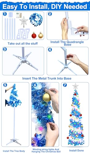 Dual Color Change Lights & Timer - 5 Ft Tinsel Christmas Tree Ball Ornaments Star Pop up Christmas Tree Battery