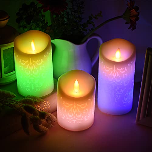 Flickering Flameless Candles, Set of 3 Real Wax Color Changing LED  Battery Operated