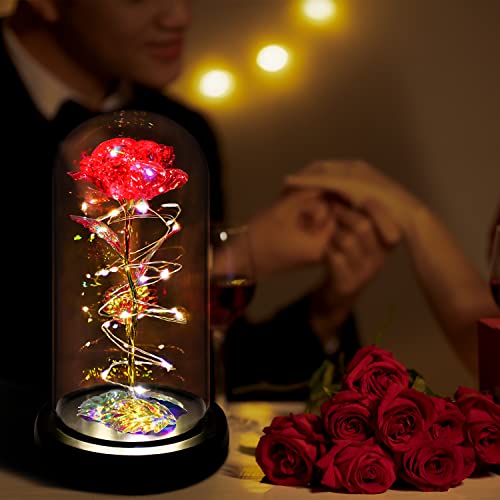 Rotating Romantic Roses Light Up Rose in Glass Dome, Spinning Colorful Artificial Rose Flower Gifts for Her