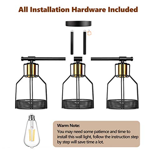 3-Light Farmhouse Bathroom Vanity Light Fixtures, Industrial Black & Gold E26 Socket