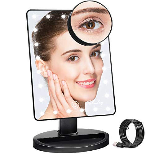 Makeup Mirror w/ Lights & 10X Magnifying Mirror - 24 LED Lighting Adjustable, Dual Power Supply, Touch Screen