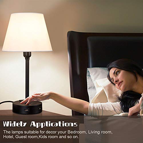 Touch Control Table Lamp Built in Dual USB Ports & AC Outlet, White Fabric Shade 3 Way Dimmable