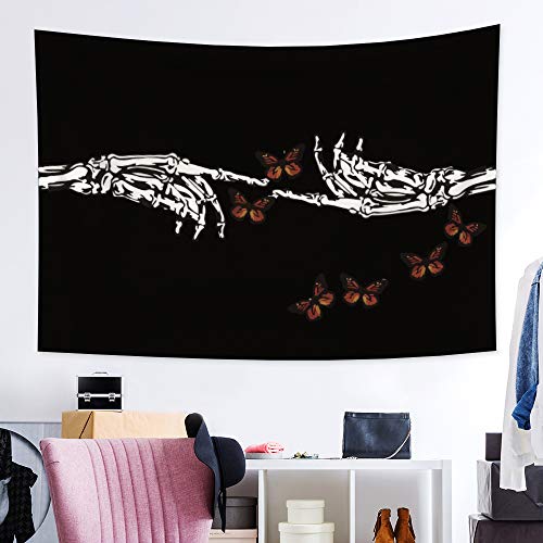 Skeleton Tapestry Butterfly Wall Hanging Black and White Finger Bones Sign Hand Trippy