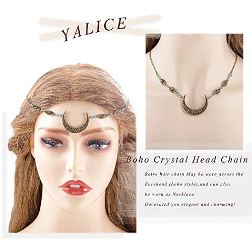 Boho Crescent Moon Head Chains Vintage Headpieces w/ Crystal Hair Chain