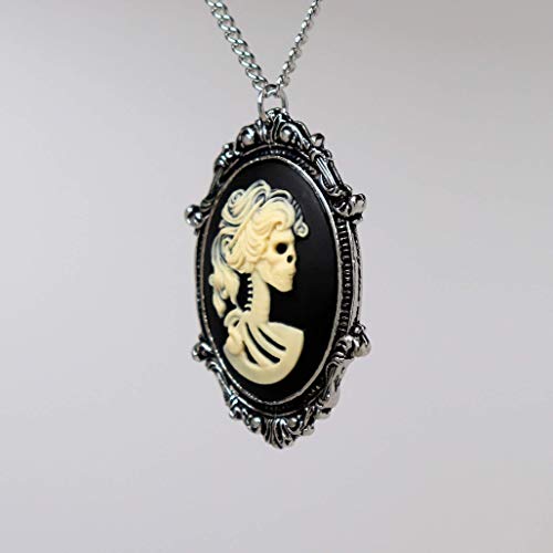 Real Metal Gothic  Skull Cameo in Pewter Frame Pendant Necklace