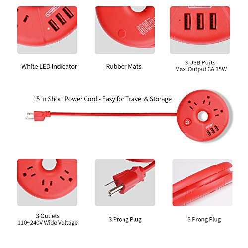 15" Portable Charging Station 3 USB w/o Surge Protector Short Extension Cord