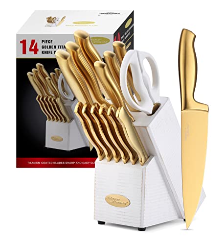 Knife Sets, Titanium Coated 14 Pieces Stainless Steel Hollow Handle