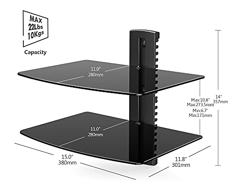 2 Tiers Av Shelf Wall Mount Black Bracket Stand for AV Receiver Component Xbox Cable Boxes Gaming Systems