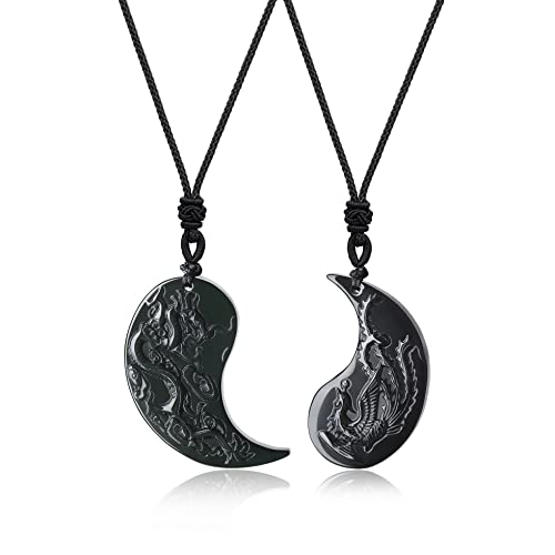 Obsidian Dragon & Phoenix Yin Yang Pendant Necklaces for Couples