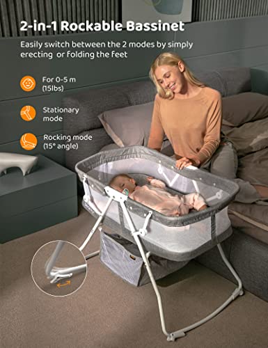 3 in 1 Portable Baby Bassinets, Rocking Cradle Bed, Easy Folding Bedside Sleeper Crib up to 33 lb