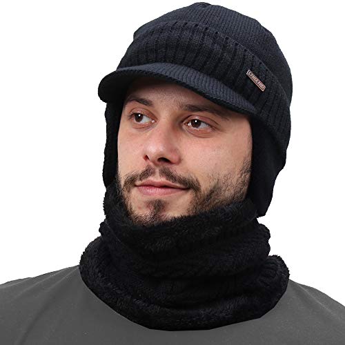 Mens Winter Beanie Visor w/ Earfaps & Fleece Hat Scarf Set