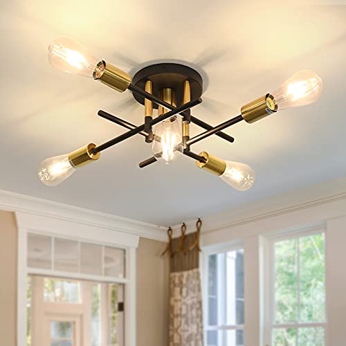 5 Light Semi Flush Mount Ceiling Light Fixture Matte w/ E26 Base Modern Black and Gold Chandelier