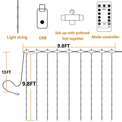 Green USB Powered Fairy Lights Curtain String, 8 Modes Twinkle (300 LEDS 9.8x9.8Ft)